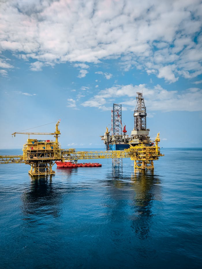 O mnie A vibrant offshore oil rig under a clear sky, reflecting in the calm blue sea.